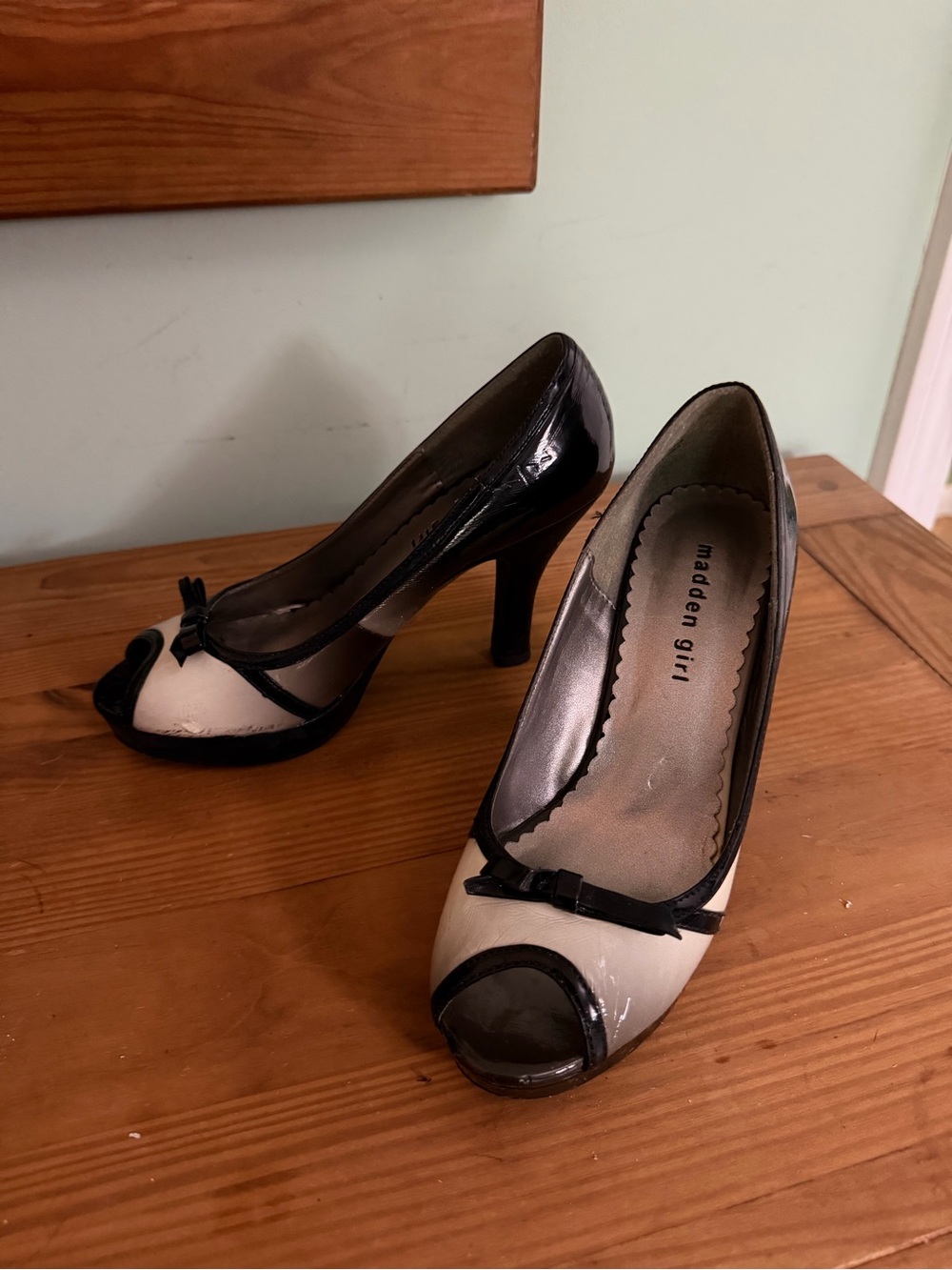 2 pairs of Madden Girl shoes: Black and grey ombré and brown embossed patent
